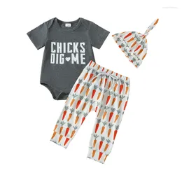 Clothing Sets 3 Piece Baby Boy Easter Outfit Set Short Sleeve Letter Print Romper Top Carrot Pants Hat Infant Summer Clothes