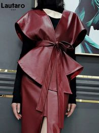 Lautaro Spring Luxury Designer Faux Leather Jacket Women Sashes Red Wine Cape Shawls for Women Gothic Cloak Runway Fashion 240122