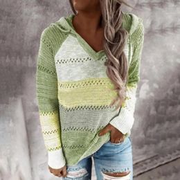 Women's Blouses Women Fall Winter Top Knitted Colorblock Striped Patchwork Loose Drawstring Hoodie Elastic V Neck Pullover Long Sleeve