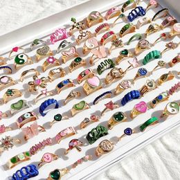 50pcs/Lot Trendy Colorful Flower Heart Butterfly Tai Chi Crystal Drip Oil Rings for Women Girls Fashion Ins Mix Ring Set Jewelry 240118