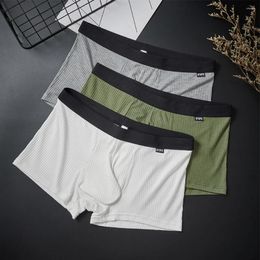 Underpants Men Soft Ribbed Striped Boxer Briefs Penis Bulge Pouch Male Breathable Panties Comfy Underwear Trunk Short