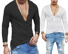 US Stock Fashion Men Casual Slim Fit Long Sleeve Deep Vneck Sexy Shirt Tshirts 240123