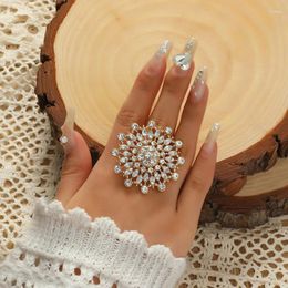 Wedding Rings Korean Big Hollow Crystal Flower Zircon Chunky Adjustable For Women Bridal Statement Ring Anel Party Jewellery Gift