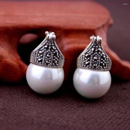 Stud Earrings Jade Angel 925 Sterling Silver Shell Pearl Drop Hoop Thai Vintage Jewellery Alentine's Day Gifts Birthday