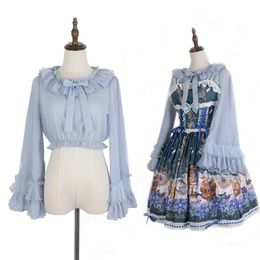 Japanese Sweet Lolita Blouses Women Kawaii Lace Bow Ruffle Collar Short Top Girls Summer Casual Loose Long Sleeve Chiffon Shirts 240126