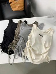 Women's Tanks Women American Style Shirring Design Sweet Slim Y2K Fashion All-match Solid Casual Chic Streetwear Personality Ulzzang