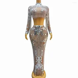 Stage Wear Silver Mirrors Rhinestones Chains Dress 2pcs Set Mesh Stretch Birthday Party Crystals Fringes Outfit Singer Performance Gowns