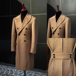 Men's Suits Champagne England Style Woollen Overcoat Men Thick Custom Made Double Breasted Long Length Coat Casual Winter Warm Jacket