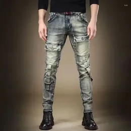 Men's Jeans For Men Punk Skinny Male Cowboy Pants Tight Pipe Trousers Spliced Straight Slim Fit Motorcycle Y 2k Vintage