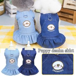 Dog Apparel Cute Denim Dress Couples Outfit Dogs Clothes Sweet Cat Clothing Pet Cartoon Embroidered Print Skirt Cowboy