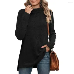 Women's Blouses Knitted Blouse Women Casual Turtleneck Side Split Long Sleeves Solid Color Loose Fit Fall Female Pullover Top 2024