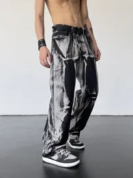 Men's Jeans Male Cowboy Pants Tie Dye Straight Hip Hop Aesthetic For Men Black Trousers Baggy Harajuku 2024 Fashion In Goth