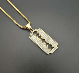 Hip Hop Blade Pendant Necklace For Men Gold Colour Stainless Steel Razor Necklaces Male Iced Out Bling Fashion Jewelry2256749