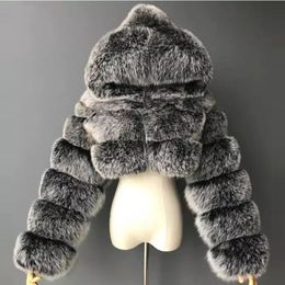 High Quality Furry Cropped Faux Fur Coats and Jackets Women Fluffy Top Coat With Hooded Winter Fur Jacket Manteau Femme 240129