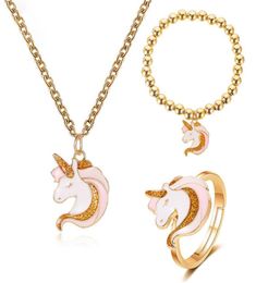 2020 New Childrens cartoon Decoration Cute Unicorn Gift Necklace Elastic Bracelet Ring Set Womens Jewelry Whole7829098