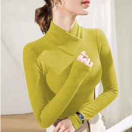 Basic High Collar Long Sleeve Womens Tshirt Autumn Winter Slim Fit Elastic Top Knitwear Sexy Versatile Tees 240130