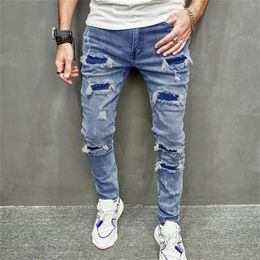 Men's Jeans Skinny Ripped Trousers Male Y2K Hip Hop Holes Slim Torn Casual Vintage Blue Denim Pants For Men Clothing