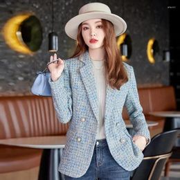 Women's Suits Plaid Blazers For Women 2024 Pearl Double-breasted Long Sleeve Blazer Jacket Elegant Office Ladies Turn Down Collar Coats