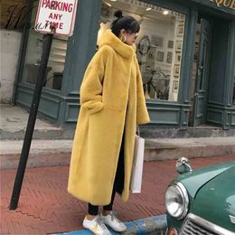 Super Warm Hooded Long Faux Fur Coats Trend Luxury Plush Overcoat Rabbit Furs Winter Jackets Women Thicken Loose Furry Jaqueta 240125