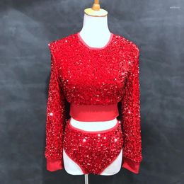 Stage Wear Red Sequins Gogo Dance Clothing Tops Shorts Nightclubt Bar Pole Costume Women Kpop Jazz Dancewear Rave Outfit VDB3170