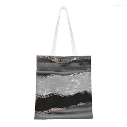 Shopping Bags Black Grey White Agate Rose Gold Glitter Stripe Glam Tote Bag Faux Canvas Groceries Shoulder Shopper