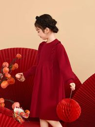 Girl Dresses 2024 Autumn Children Kids Dress Christmas Girls Clothes Red Knitted Ruffles Girl's Long Sleeve Sweater 4 5 6 7 8 Years