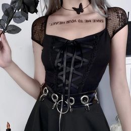 Women's T Shirts Splicing Mesh Fit Lace Top Women Sexy Gothic Slim Collar Vintage Blouse