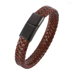 Charm Bracelets 2024 Men Vintage Jewellery Brown Leather Bracelet Black Magnetic Buckle Male Wrist Band Pulsera Hombre PD0020