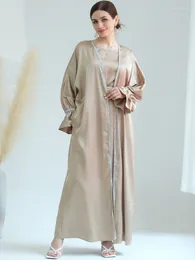 Ethnic Clothing 2 Piece Satin Abaya Set Matching Muslim Flare Sleeve Kimono Sleeveless Slip Dress Women Dubai Luxury Islam Party Outfit