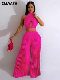 Women's Two Piece Pants CM.YAYA Pleated Set Halter Neck Crop Top And Wide Leg 2024 Summer INS Sexy Party 2 Outfit Tracksuits