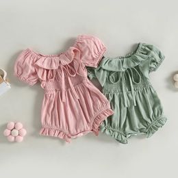 Cute Infant Baby Girl Summer Jumpsuit Solid Colour Short Sleeve Ruffle Clothing Romper Casual Playsuit Cotton Outfit 240118