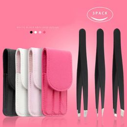 3 Pcs Set Stainless Steel Eyelash Tweezer Eyebrow Clip Silver Hair Remover Makeup Tool Set leather Bag 240124