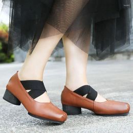 Dress Shoes 4cm Ballet Women Summer Authentic Ethnic Designer Luxury Novelty Strange Square Toe Genuine Leather 2024 Elastic Elegance