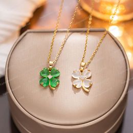 Lucky Clover Green Leaf Necklace Feminine Style Light Cat Eye Stone Heart Shaped Neckchain Colorful Collar Chain Girlfriend Gift