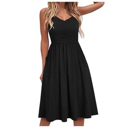 Casual Dresses Black Women's Summer Dress Lace-Up V-Neck Solid Colour Elegant Sling Temperament Knee-Length Bodycon Robe