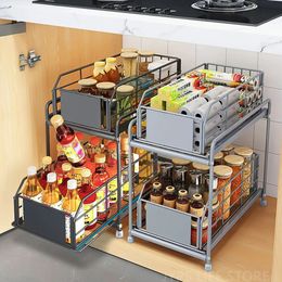 Sliding Drawer Under Sink Organizer Kitchen 2 Layer Multipurpose Rack Cabinet Storage Bathroom 240125