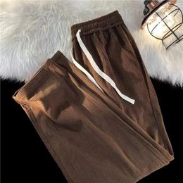 Men's Pants Spring Autumn Screw Thread Drawstring Elastic High Waisted Casual Pockets Wide Leg Trousers Fashion Office Lady