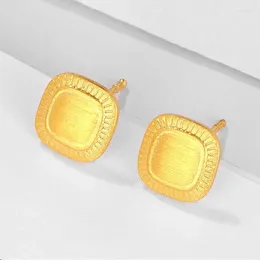 Stud Earrings Solid 24K Yellow Gold Women Square