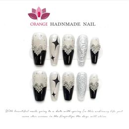Black Fake Press on Nails Full Cover Ballerina Korean Handmade Manicuree Heart Decoration Nail Art Wearable Artificial Nail Tips 240127