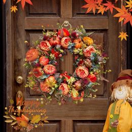 Thanksgiving Front Door Wreath Fall Peony Pumpkin Sunflower Wreath Festival Celebration Round Autumn Pumpkin Wreath Home Decors 240130