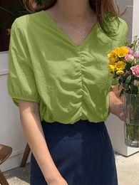 Women's Blouses Women 2024 VONDA Summer Tops Short Sleeve Top Casual Pleated Tunic Loose Solid Colour Shirt Sexy V-Neck Fashion Blusas
