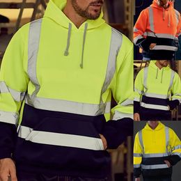 Fluorescent Men Sweatshirt Reflective High Visibility Strip Fashion Colour Matching Sweatshirts Safe Pullover Hoodies 240127