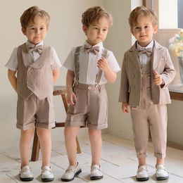 Childrens Khaki Striped Suit Set Boys Suspenders Long Shorts Vest Shirt Bowtie Clothes Kids Wedding Birthday Party Costume 240130