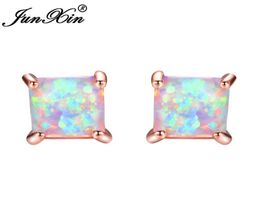 JUNXIN GreenBlueWhite Fire Opal Stud Earrings For Women Rose Gold Filled Square Earrings Princess Cut Birthstone Earring Gifts9945740