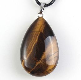 Whole 10 pcs Silver Plated Water Drop Tiger Eye Stone Pendant with Rope Chain Rock Crystal Fashion Jewelry9691139