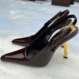 Dress Shoes Patent Leather Design Thin High Heels Pointed Toe Women Pumps Party Buckle Strap Slingbacks