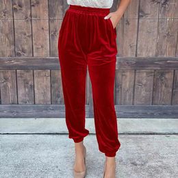 Women's Pants Fashion 2024 Elegant Red Velvet For Women Autumn Winter Elastic High Waist Casual Shorts Solid Color Loose Trousers