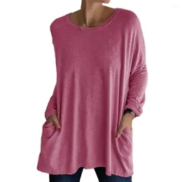 Women's Blouses Solid Color Vintage Pocket Oversized T-shirt Female Clothing Fashion Autumn Tunics Basic Y2k Top Women 2024 Long Sleeve T