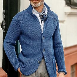 Мужской свитер, куртка, тонкий костюм, воротник-стойка, вязаный осенне-зимний однотонный повседневный кардиган с карманом для мужчин 240125