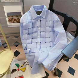 Men's Casual Shirts Men Fall Shirt Weaving Striped Print Long Sleeve Cardigan Single-breasted Turn-down Collar Braided Spring Top